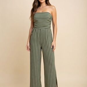 Heart & Hips Olive Green Strapless Pinstripe Jumpsuit